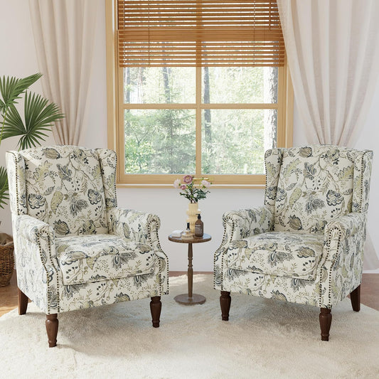 Lumibee Wingback Accent Chair, 2 Set High Back Floral Armchairs in Fabric,Comfy Upholstered Reading Single Sofa Chairs with Solid Wood Legs for Living Room,Bedroom,Office-Plants Beige