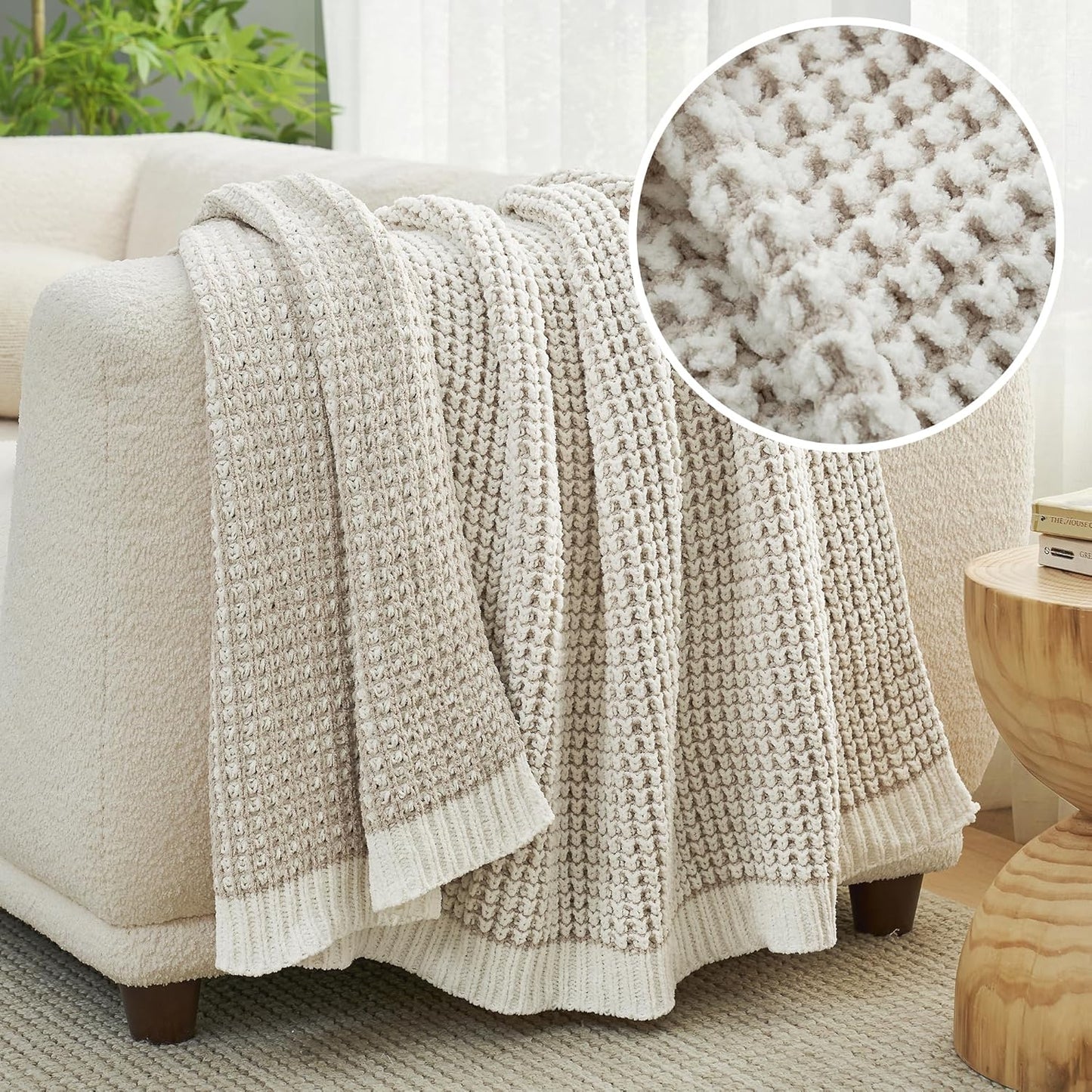 Amélie Home Chenille Waffle Throw Blanket for Couch, Reversible Pineapple Stitch Knit Soft Cozy Knit Blanket Lightweight Warm Decorative Throw for Sofa, Bed, Living Room, 60"x80", Beige&Ivory