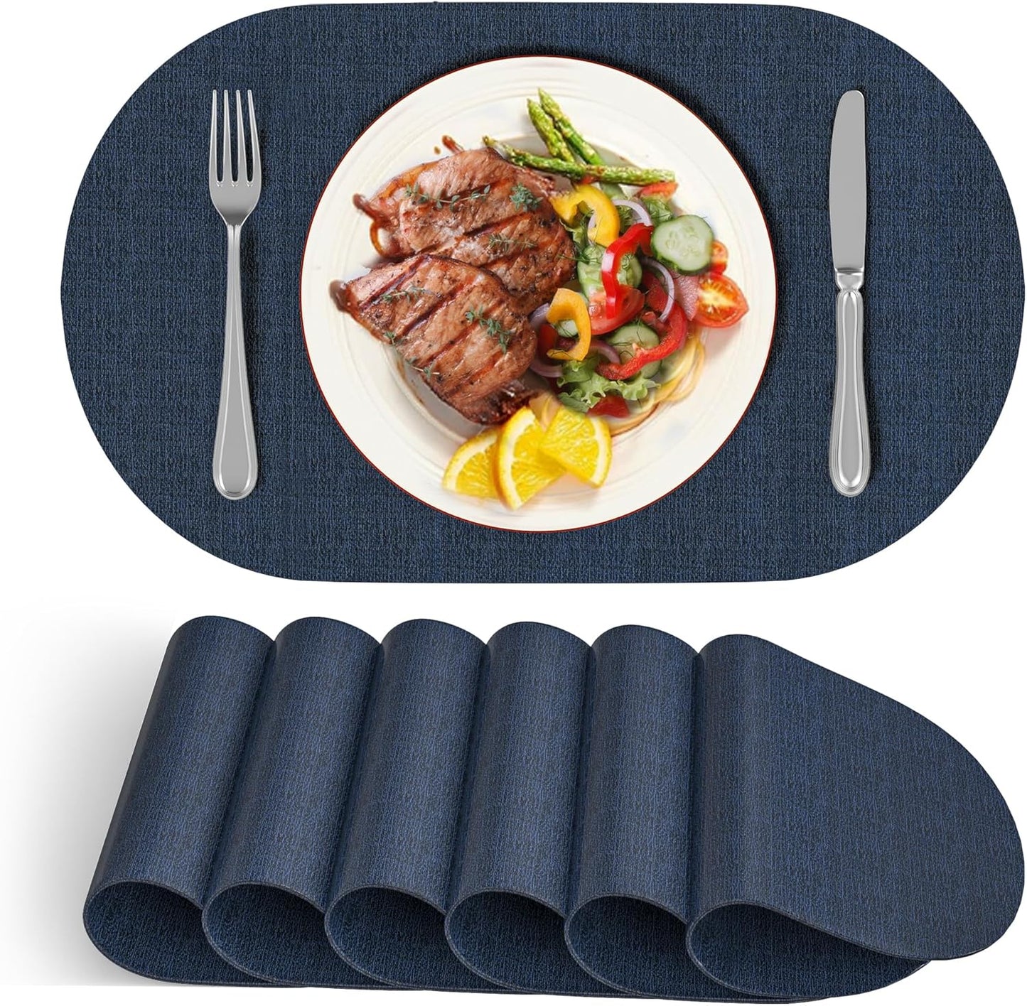 DOLOPL Placemats Set of 6, Oval Large Place Mats for Kitchen Dining Room Table Decorations, Navy Blue Faux Leather Anti Slip Waterproof Dining Table Place Mats for Indoor & Outdoor Use(13.8"x21.6")