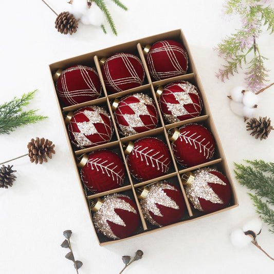 3.15INCH Burgundy Velvet Ornaments for Christmas Tree, 12PCS Glitter Flocked Christmas Ornaments Decorations Balls Set Decor