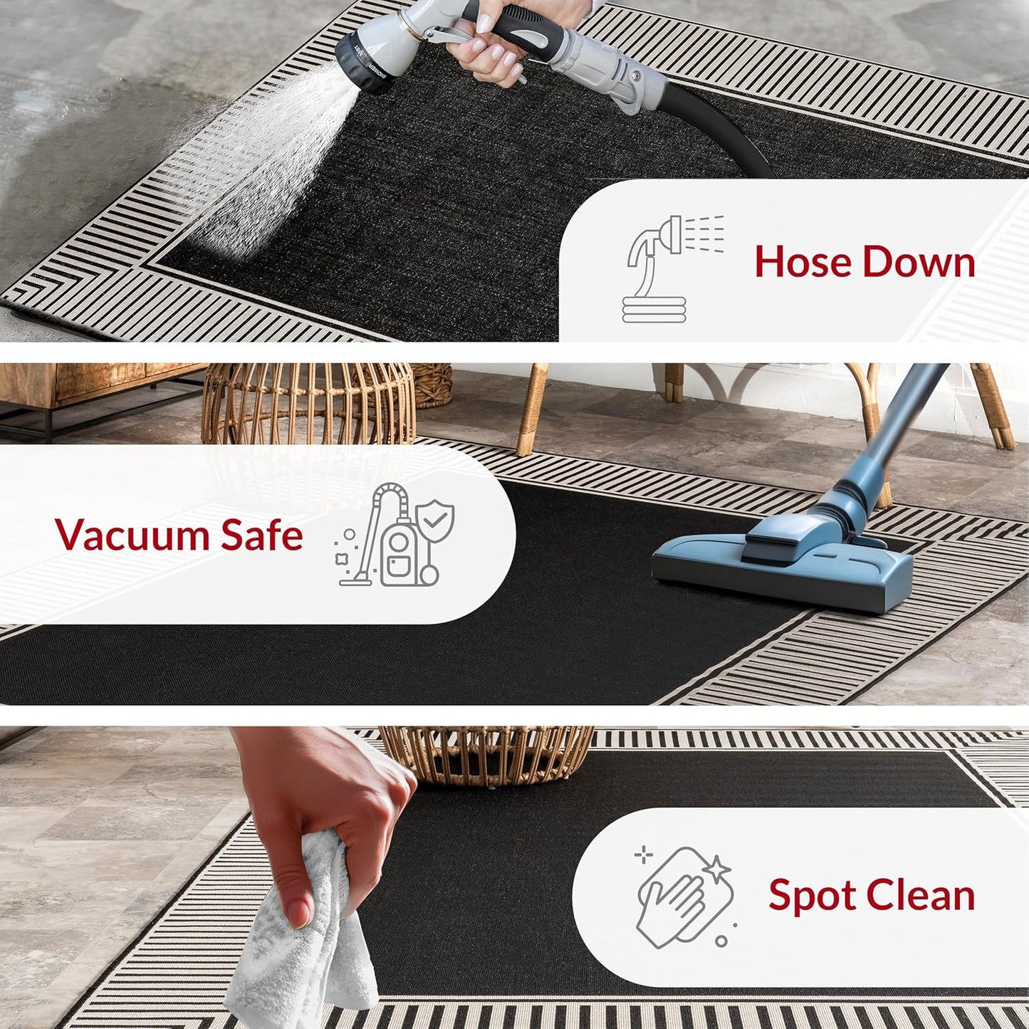 nuLOOM 5' x 8' Outdoor Area Rug, Casual Design With Striped Border, Stain Resistant, Highly Durable, For Patio, Balcony, Bedroom, Living Room, Dining Room, Bathroom, Black