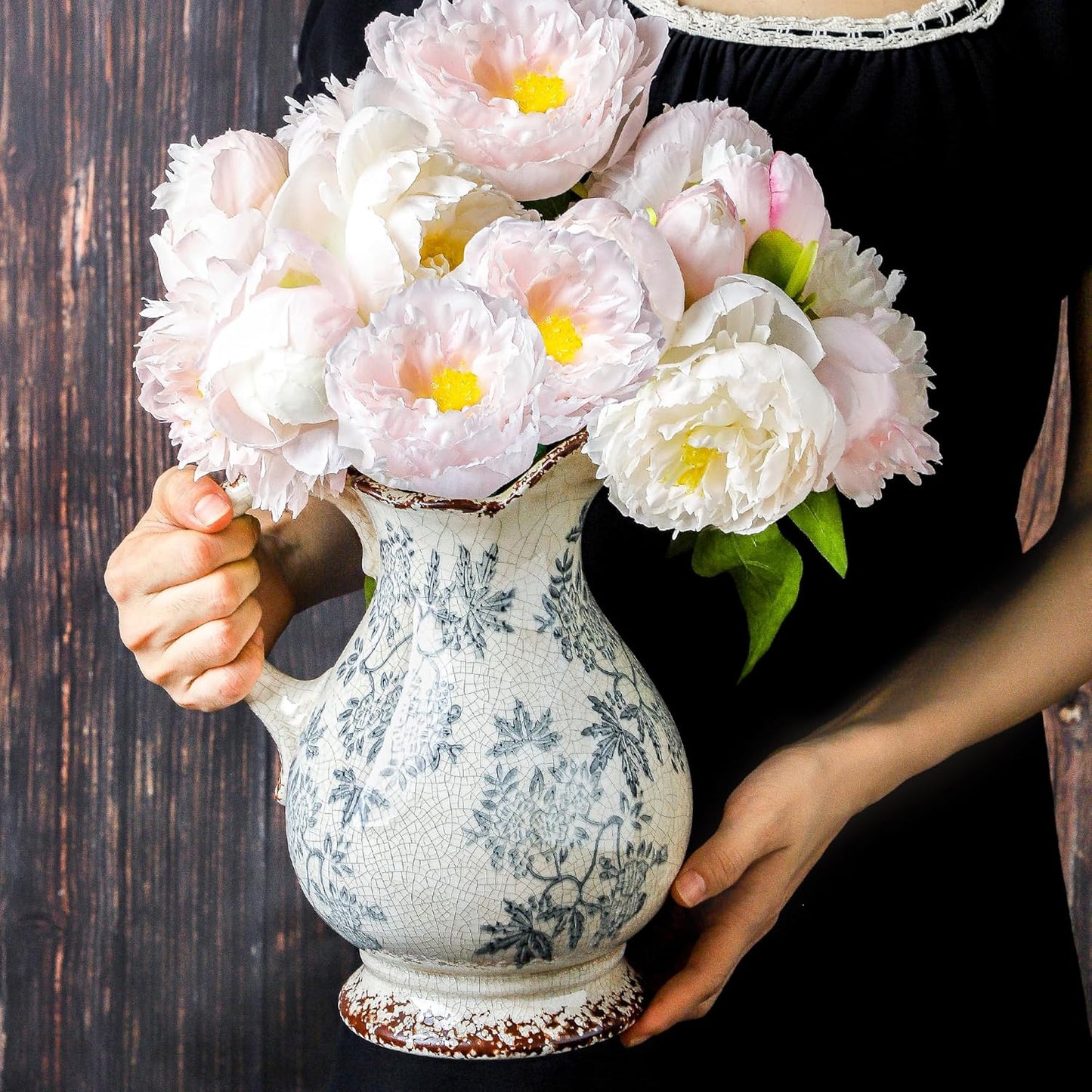 Enra Large Vintage Blue and White and Pitcher for Home Decor, 9.7 Inch Rustic Chinoiserie Decorative Vases, Green and Beige Ceramic Vases for Living Room, Kitchen, Office – Large Vases for Decor