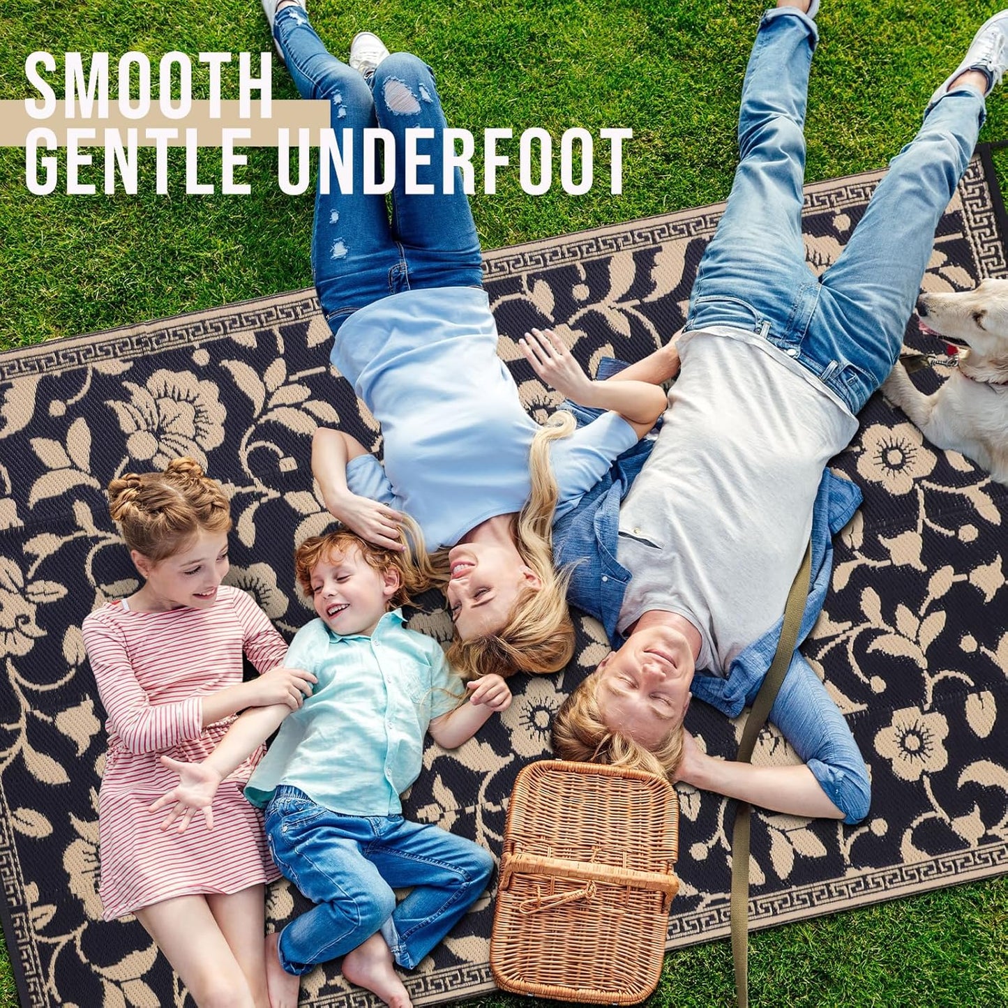 OLANLY Waterproof Outdoor Rug 8x10 ft, Outdoor Plastic Straw Rug with Flower Pattern, Reversible RV Mat for Patio, Camping, Balcony, Deck, Backyard, Black & Beige