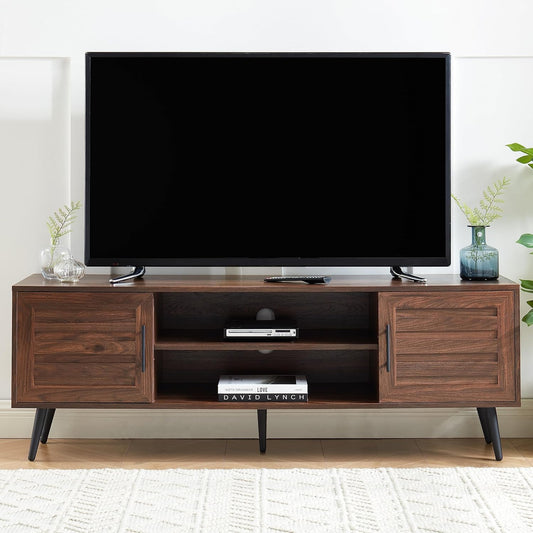 Mid Century Wooden TV Stand Entertainment Console with Open Shelving and 2 Cabinets for Televisions up to 65 Inches(Dark Walnut)