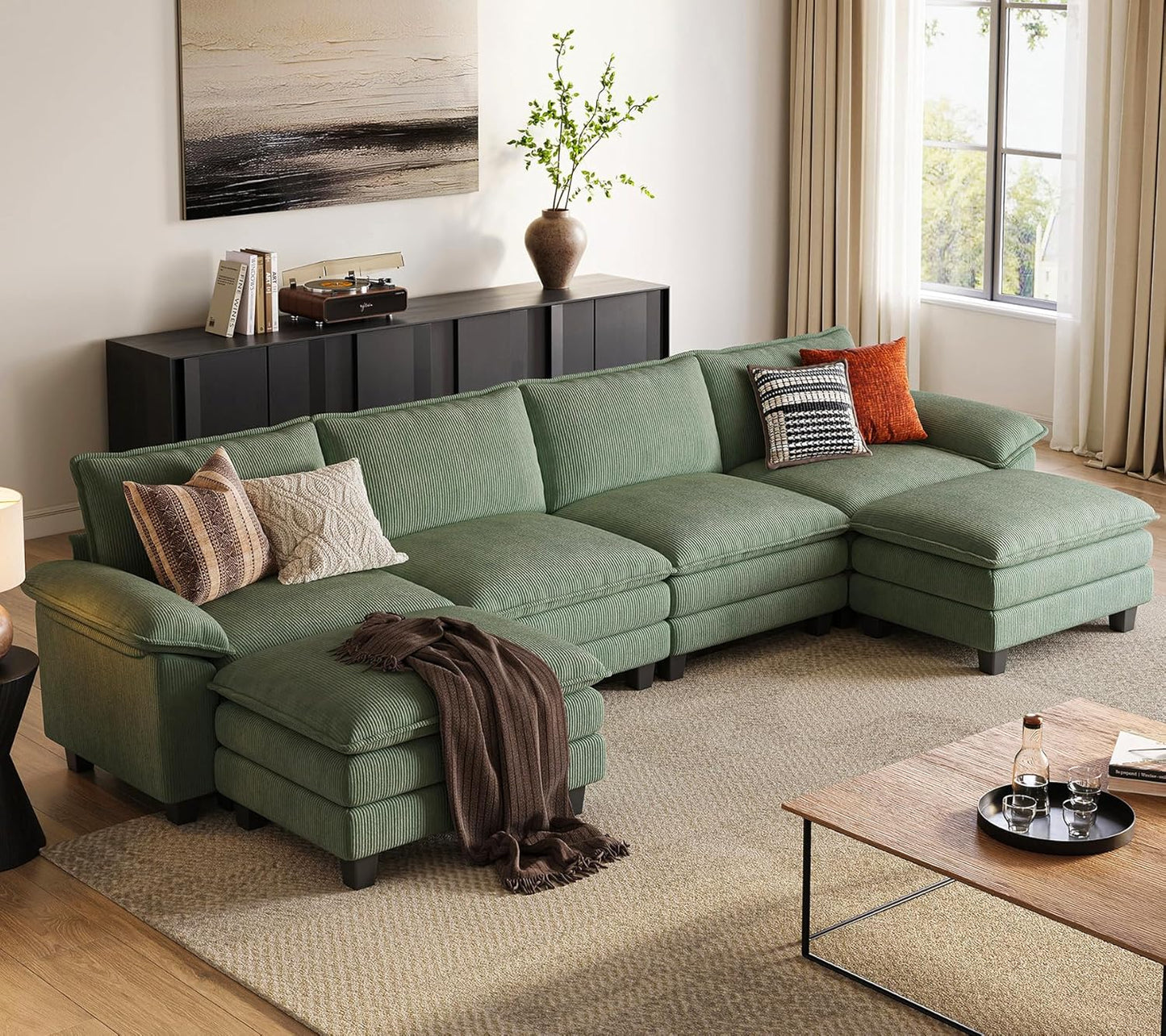 LINSY HOME Modular Sectional Sofa - 157'' Oversized Corduroy Cloud Couch U Shaped Couch with Movable Ottoman Soft Modern Comfy Sofa for Living Room Apartment Office, Green