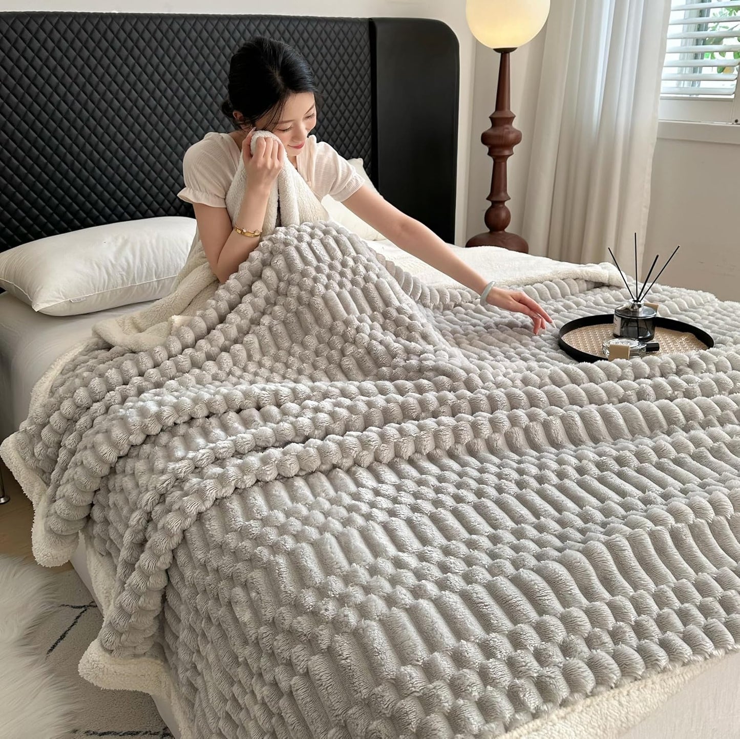 UKELER Sherpa Throw Blanket 60 × 80 inch, 470 GSM Striped Sherpa Fleece Blanket for All Season, Warm and Cozy Blankets for Couch Sofa Bed Office Camping, Silver Gray