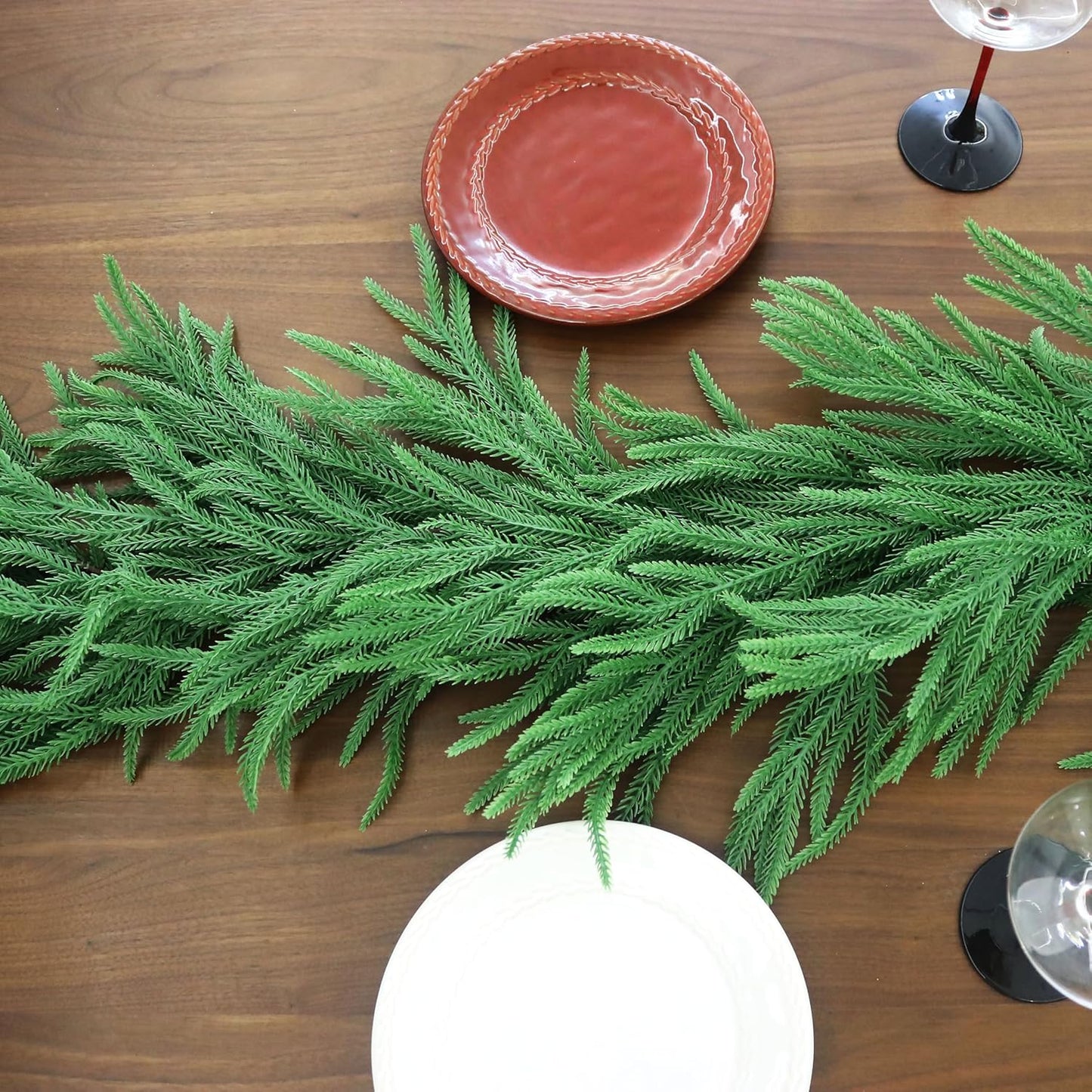 2PCS 9FT Christmas Garland Norfolk Pine Garland Real Touch Artificial Greenery Garland for Mantle Fireplace Table Indoor Outdoor Decor (Normal)