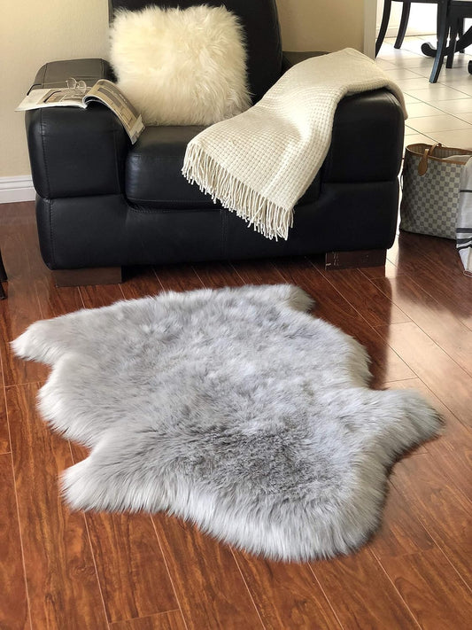 LAMBZY Faux Sheepskin Hypoallergenic Free Shape Silky Shag Rug, Luxury Shaggy Silky Plush Carpet for Bedrooms Rugs Living Room Kids Rooms Sofa Floor Rugs (Single 2'x3', 60x90cm Grey)