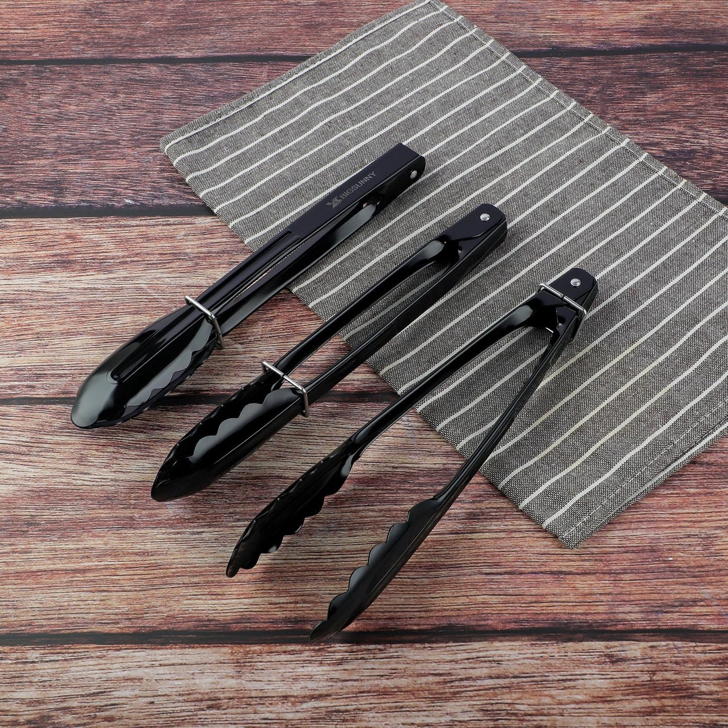 MSY BIGSUNNY 9 Inch Kitchen Food Tongs, Buffet Tongs, Serving Tongs, Black Aluminum Tongs - Set of 3