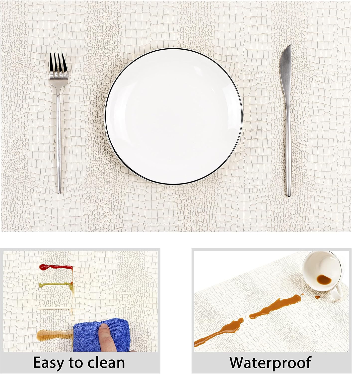 Waterproof PU Placemats, Faux Leather Hardboard Place Mats, Set of 4 Table Mats, Easy to Clean, Heat & Stain Resistant for Office Conference Table, Dining Home Decor, White