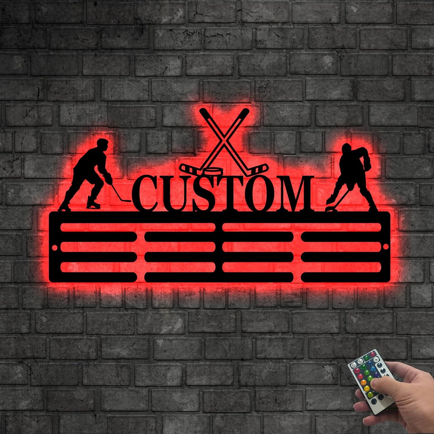 Personalized Hockey Medal Hanger Display - Custom Hockey Neon Sign, Led Light Up Sign, Medal Holder For Wall, Hockey Decor for Boys, Man Cave, Players, Coaches, Teen Gift