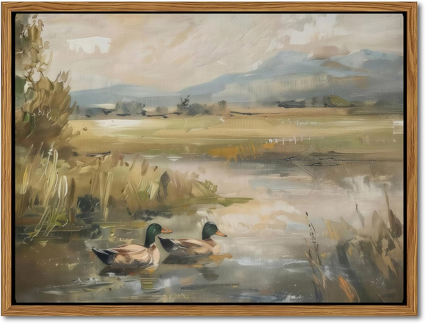 Floating Framed Canvas Wall Art, Vintage Mallard Duck Oil Paintings Print, Countryside Art Wildlife Nature Pond Wall Decor for Living Room, Bedroom, Office, Rustic Decor 16x24 inch