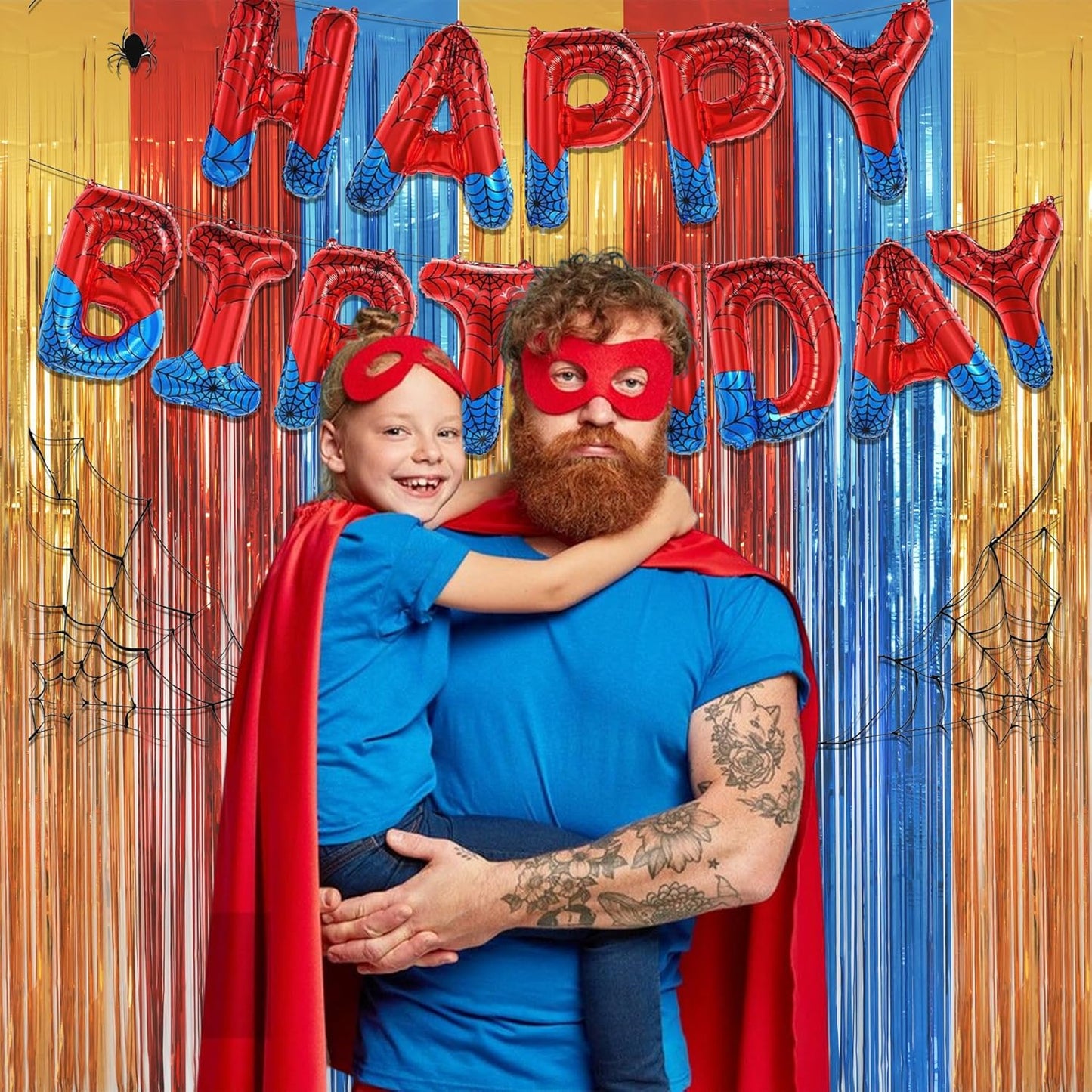 Gold Red Blue Party Backdrop - GREATRIL Tinsel Fringe Curtain for Paw Birthdays Decorations 2 Packs