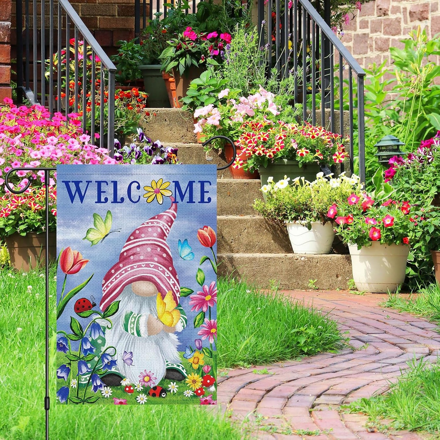 Welcome Spring Gnome Garden Flag 12x18 Double Sided Burlap Butterfly Floral Garden Yard Flags for Spring Summer Rustic Seasonal Outside Outdoor House Decoration (ONLY FLAG)