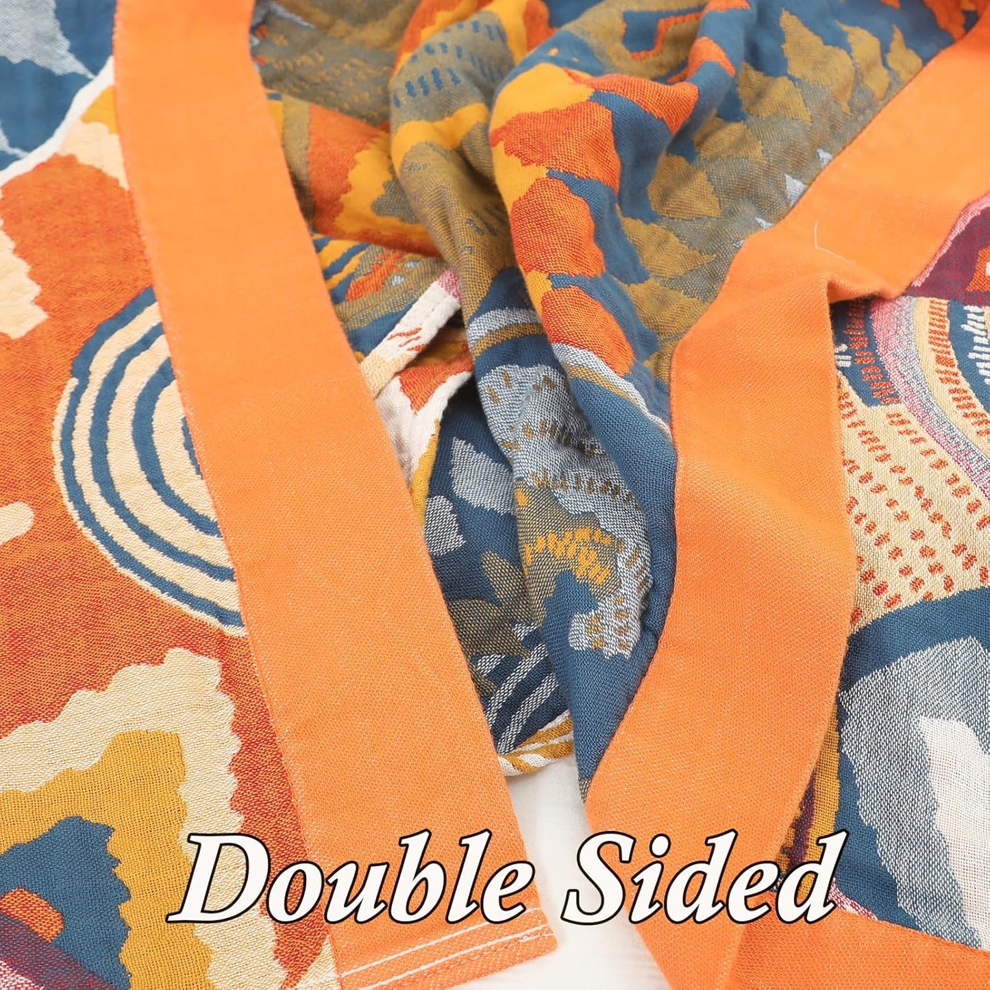 Snycler Boho Throw Blanket for Bed - 100% Cotton Ultra Soft Rustic Quilt Fall Blanket - Orange Floral Printed Farmhouse Decor Bed Blankets, 80"×90" All Season Rustic Throw for Sofa Couch Chair