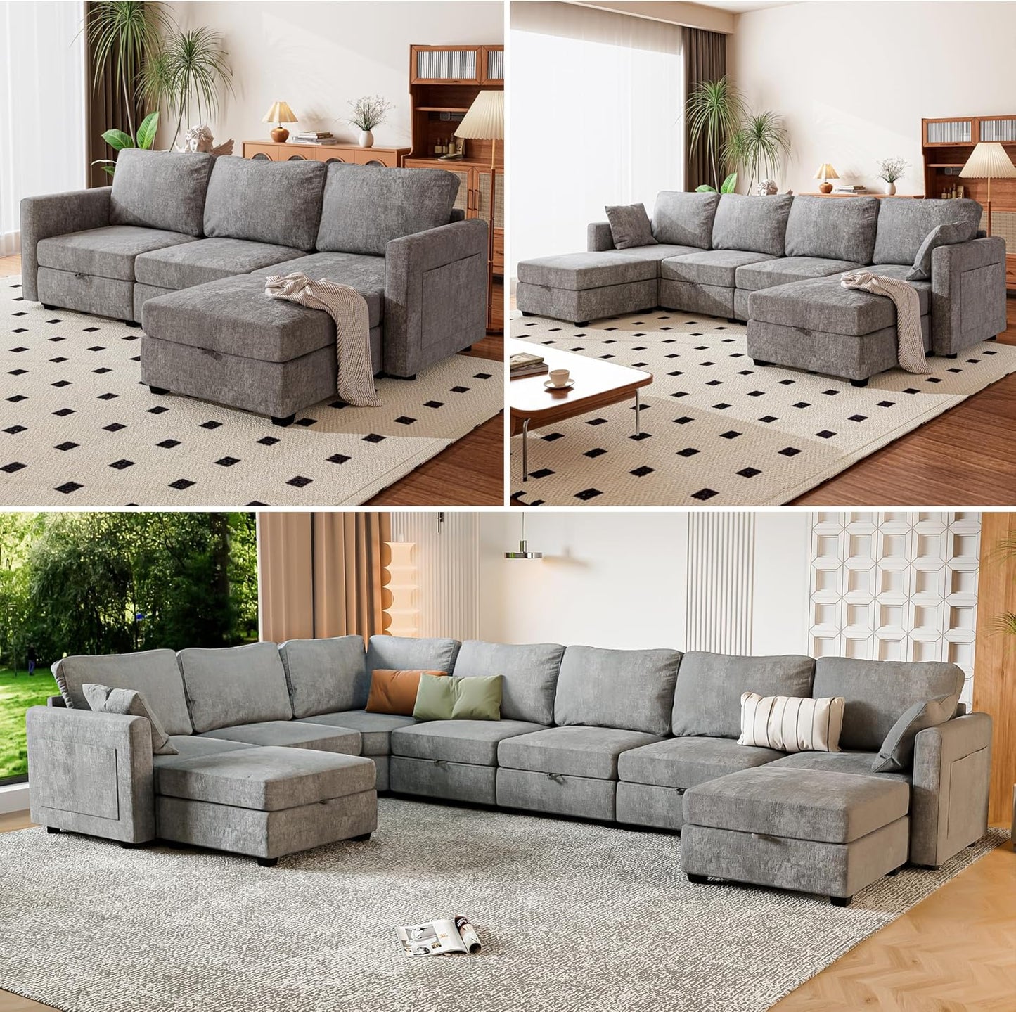 mestyl Modular Sectional Sofa Convertible U Shaped Sofa Couch Set with Storage for Living Room, Modern 3 Seater Modular Sectional Couch with 2 Movable Ottoman (Grey)