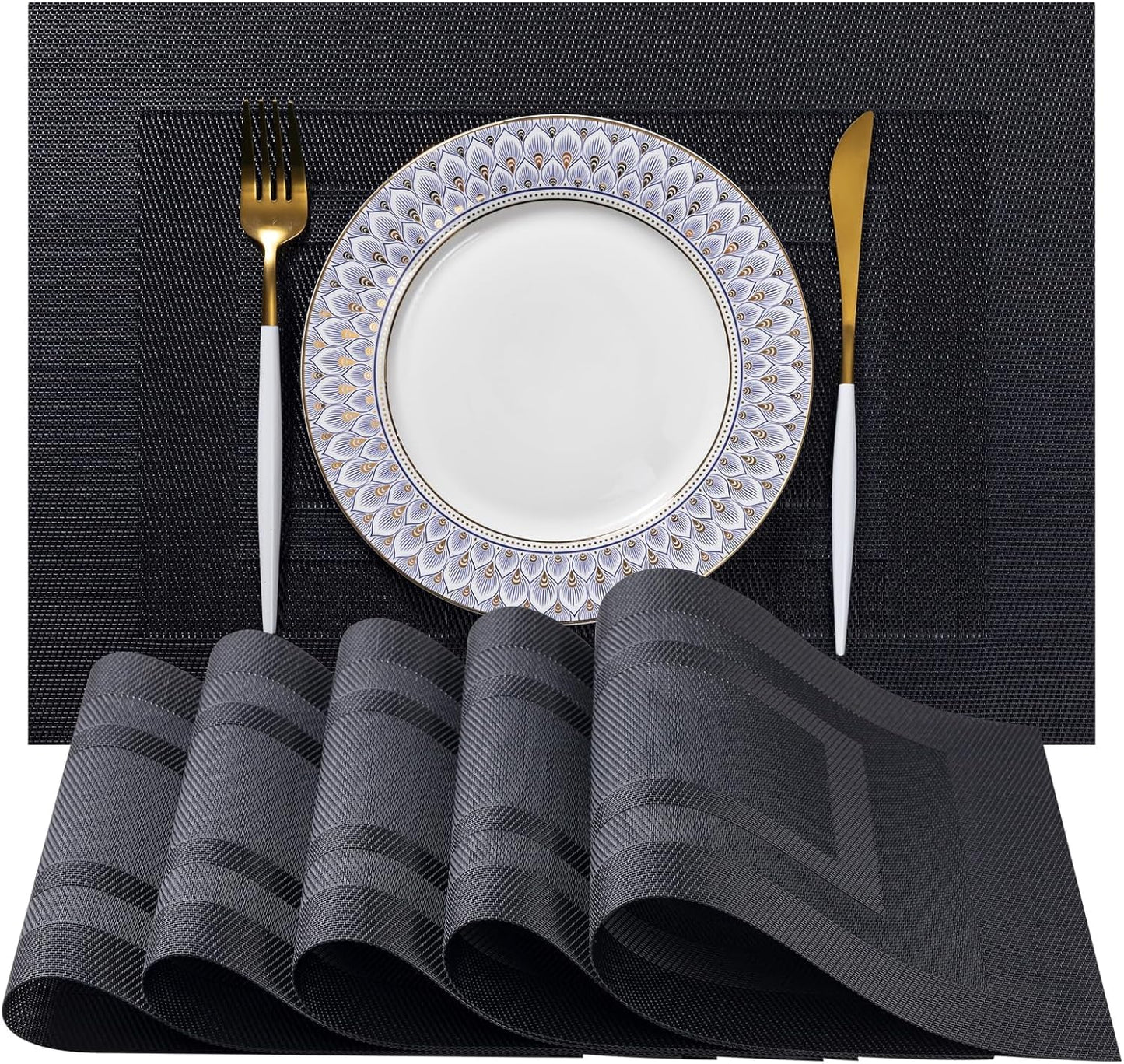 LEXMORE Placemats Set of 4 Vinyl/Plastic Woven Place Mats for Kitchen Table Indoor/Outdoor Washable Placemat Wipeable Dining Table Mats(G-Black Cube)