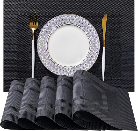 LEXMORE Placemats Set of 6 Vinyl/Plastic Woven Place Mats for Kitchen Table Indoor/Outdoor Washable Placemat Wipeable Dining Table Mats(G-Black Cube)