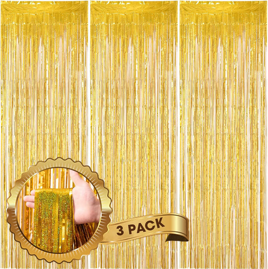3 Pack 3.3 x 8.2 ft Laser Gold Foil Fringe Backdrop Curtains, Tinsel Streamers Birthday Party Decorations, Fringe Backdrop for Graduation, Baby Shower, Gender Reveal, Disco Party