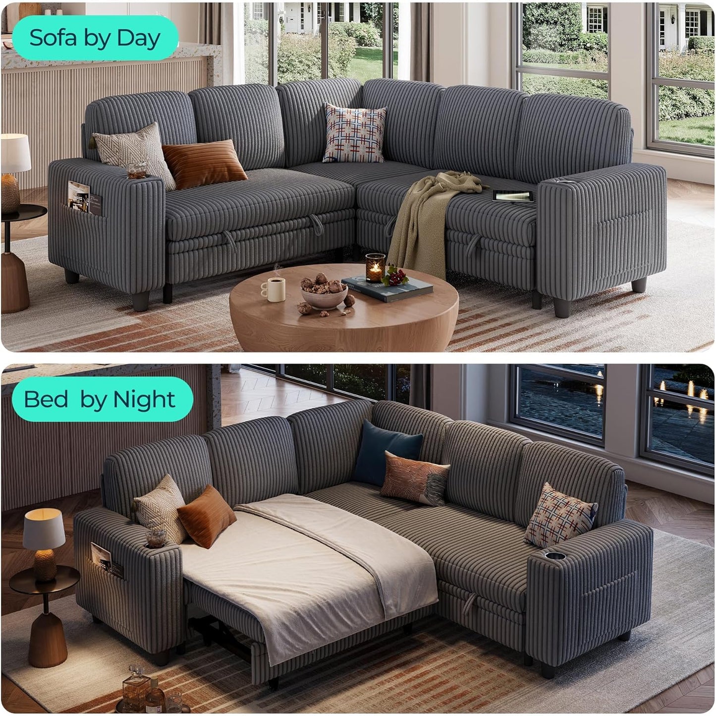 LINSY HOME Sectional Sleeper Sofa with Pull Out Couch Bed - Convertible Plush Corduroy Cloud Couch with Storage Chaise & USB Charging, Comfy L Shaped Modular Couches for Living Room Apartment (Grey)