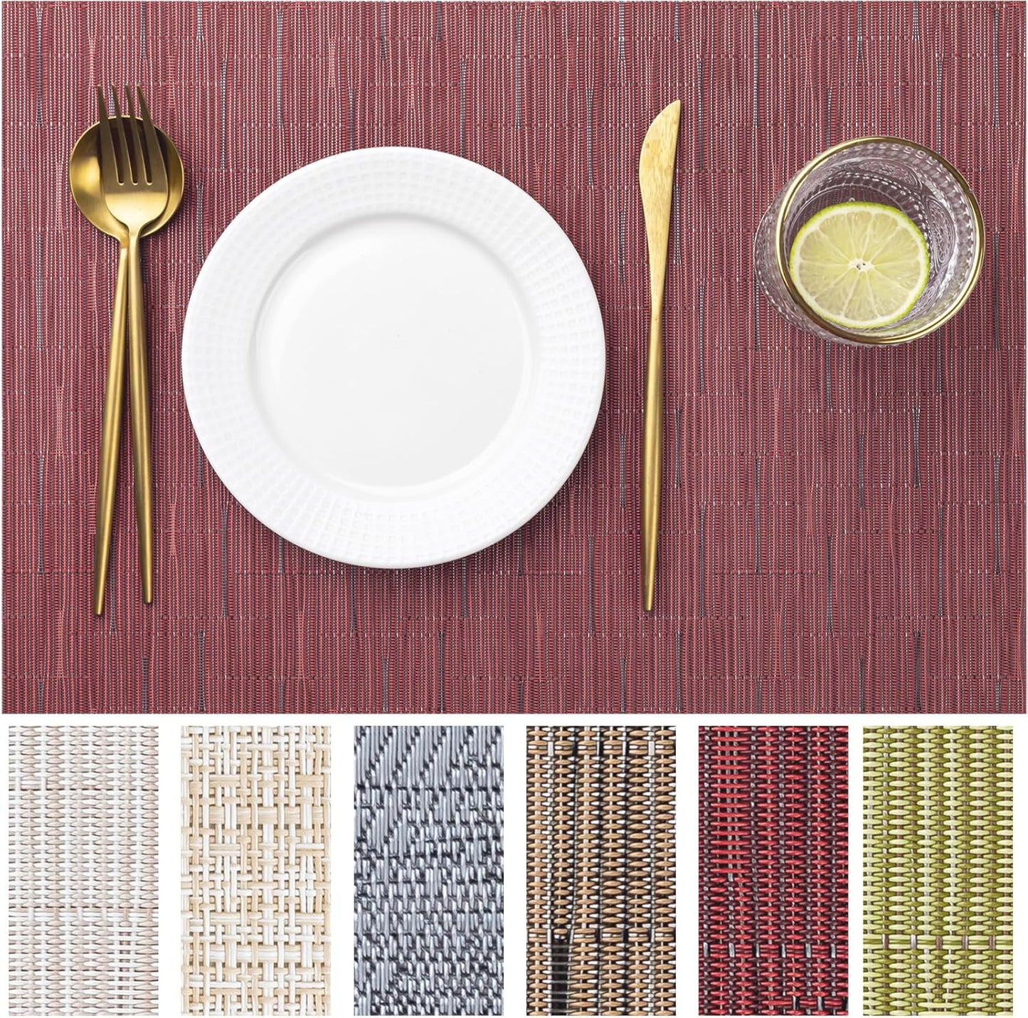 LEXMORE Placemats Set of 4 Vinyl/Plastic Woven Place Mats for Kitchen Table Indoor/Outdoor Washable Placemat Wipeable Dining Table Mats(Burgundy)
