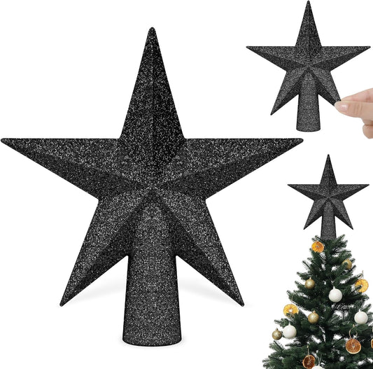 Tree Topper Star, 6" Black Christmas Tree Topper Accessories, Xmas Glitter 3D Bethlehem Star Tree Topper Ornament, Waterproof Holiday Christmas Tree Topper Decor for Home Indoor Outdoor