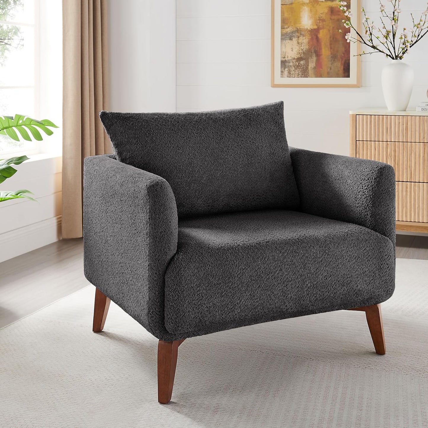 Oversized Accent Chair Modern Boucle Armchair for Living Room- 37" Wide Accent Chair with Solid Wood Legs, Dark Gray Upholstered Lounge Chair for Bedroom & Office, Cozy Reading Chair (Easy Assembly)