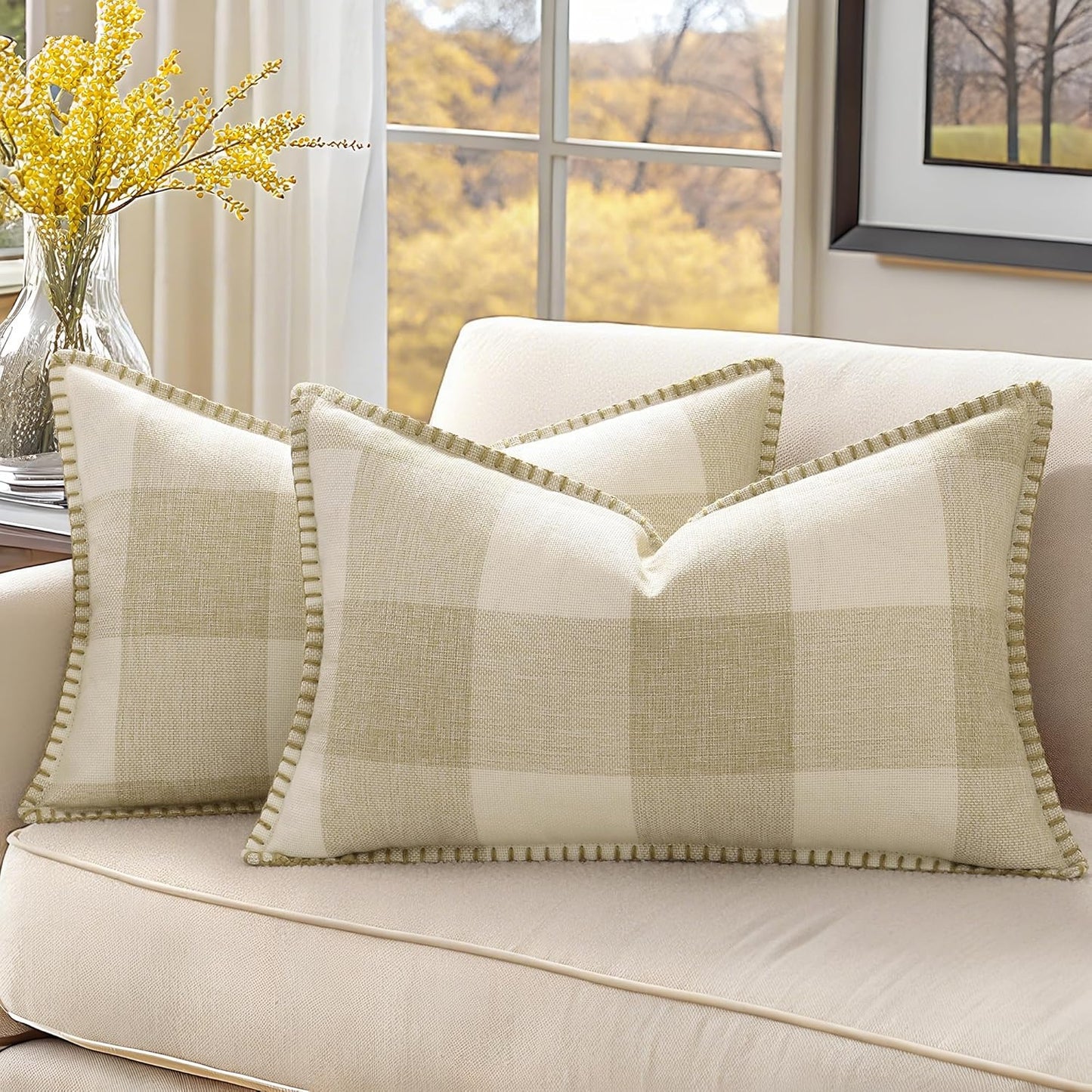 decorUhome Buffalo Plaid Check Fall Throw Pillow Covers 12x20 Set of 2, Outdoor Lumbar Decorative Farmhouse Pillow Covers with Stitched Edge for Bed Couch Sofa, Cream White and Beige