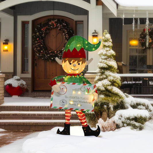 4.8FT Lighted Elf with Envelope Outdoor Christmas Decoration, 3D Pre-Lit Elf Decor with 100 LED Lights for Christmas, Freestanding Glittered Holiday Display for Outdoor, Indoor