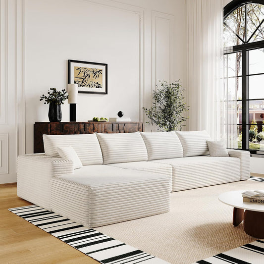 136" Sectional Couches for Living Room Modern Modular Sofa with L-Shape Couchs Upholstered Boneless Couch Deep Seat Sectional Couch with Chaise (White, Left Facing Chaise+3Seaters)