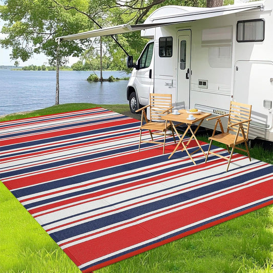 Outdoor Patio Rug 9x12 Stain-Resistant Reversible Camping Mat, Modern Striped Outdoor Plastic Straw Rug, Waterproof Outside Carpet, Easy to Clean for RV, Porch, Deck, Balcony, Red Blue White
