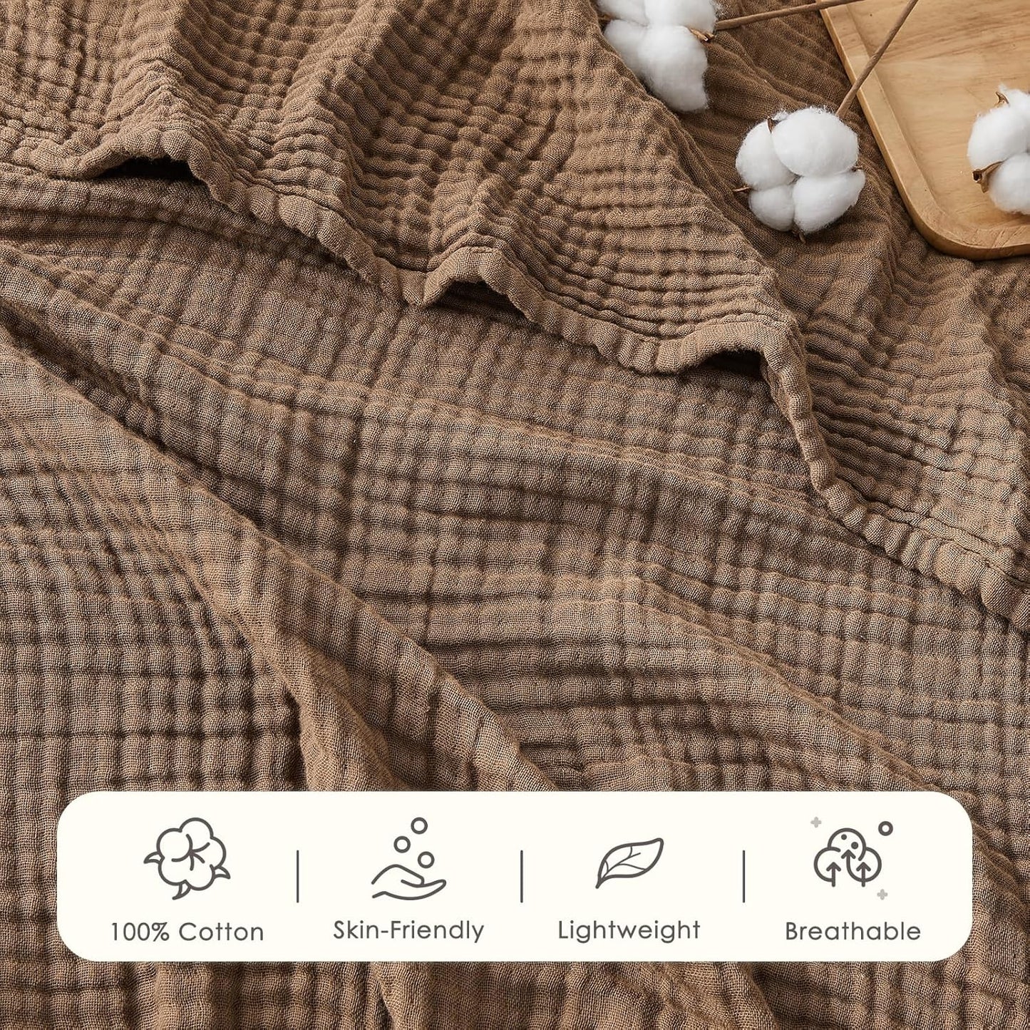 EMME Cotton Muslin Queen Blanket Bed Layering Breathable Gauze Blanket Soft Lightweight Blankets Adults (Brown, 90"x90")
