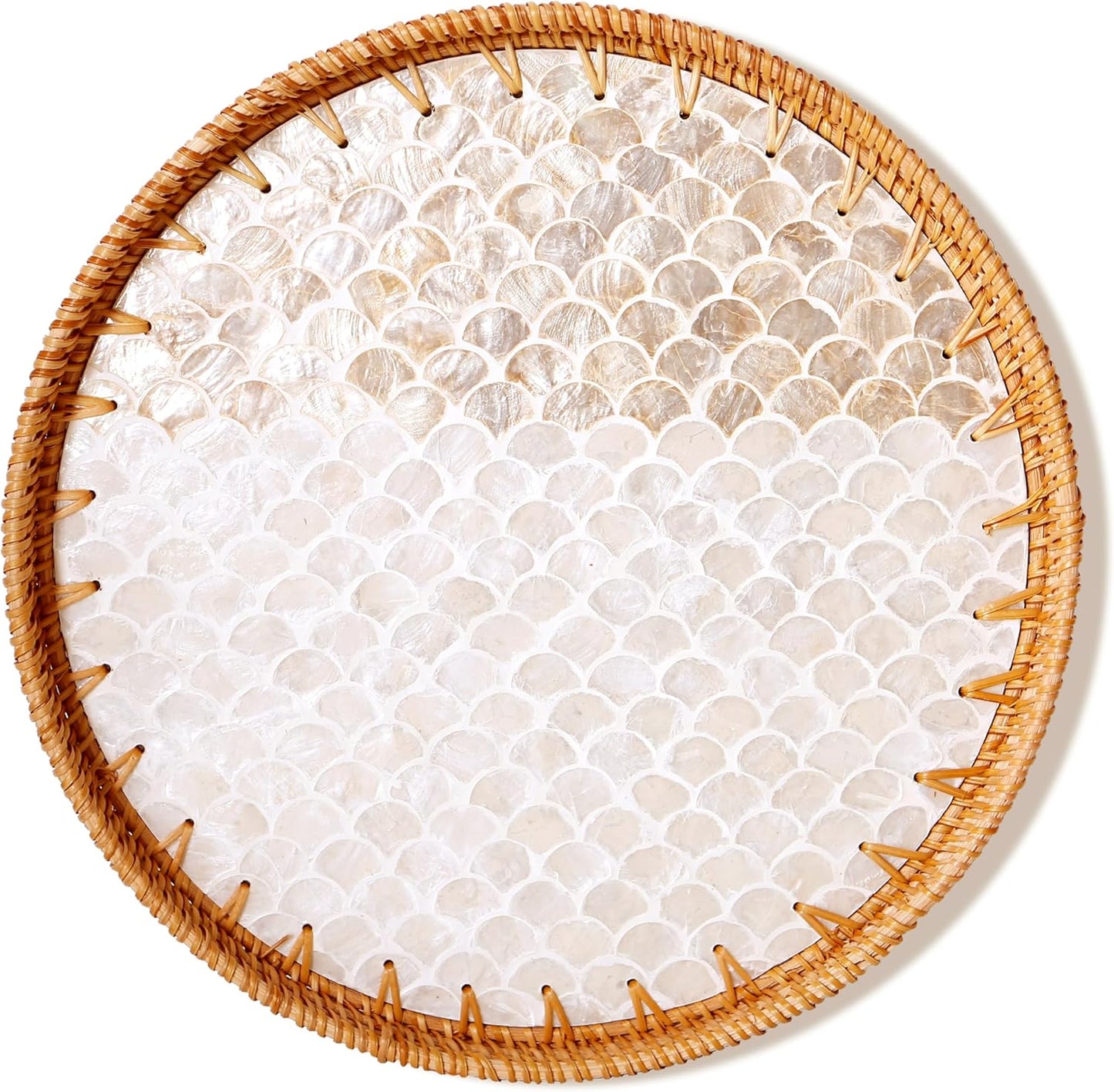 Round Rattan Tray with Mother of Pearl Inlay & Wooden Base - Decorative Wicker Serving Tray for Coffee/Bread/Fruits, Food Storage & Display - Multipurpose Home Decor (L,Fish Scales)
