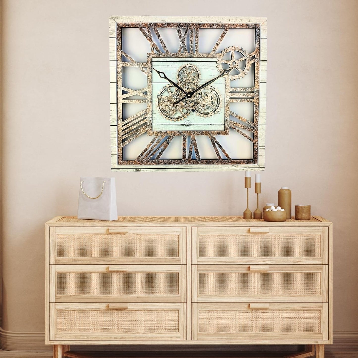 The Gears Clock 24'' Inch Square Real Moving Gear Wall Clock Vintage Industrial Oversized Rustic Farmhouse (White Farmhouse)