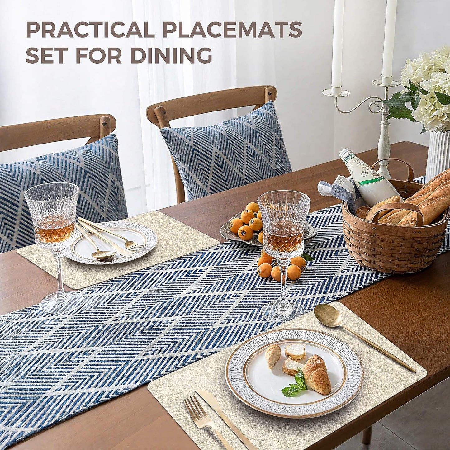 Vinyl Placemats Set of 4, Faux Leather Waterproof and Heat Resistant Place Mats, Washable Anti-Slip Table Mats with Coaster, Wipeable Placemats for Indoor & Outdoor 17" x 12" (Beige, Set of 4)