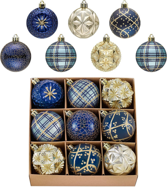 Valery Madelyn Ornaments for Christmas Trees, 9ct 2.36 Inches Blue and Gold Shatterproof Christmas Tree Decorations, Luxury Hanging Ball Ornaments for Xmas Holiday Party Decor