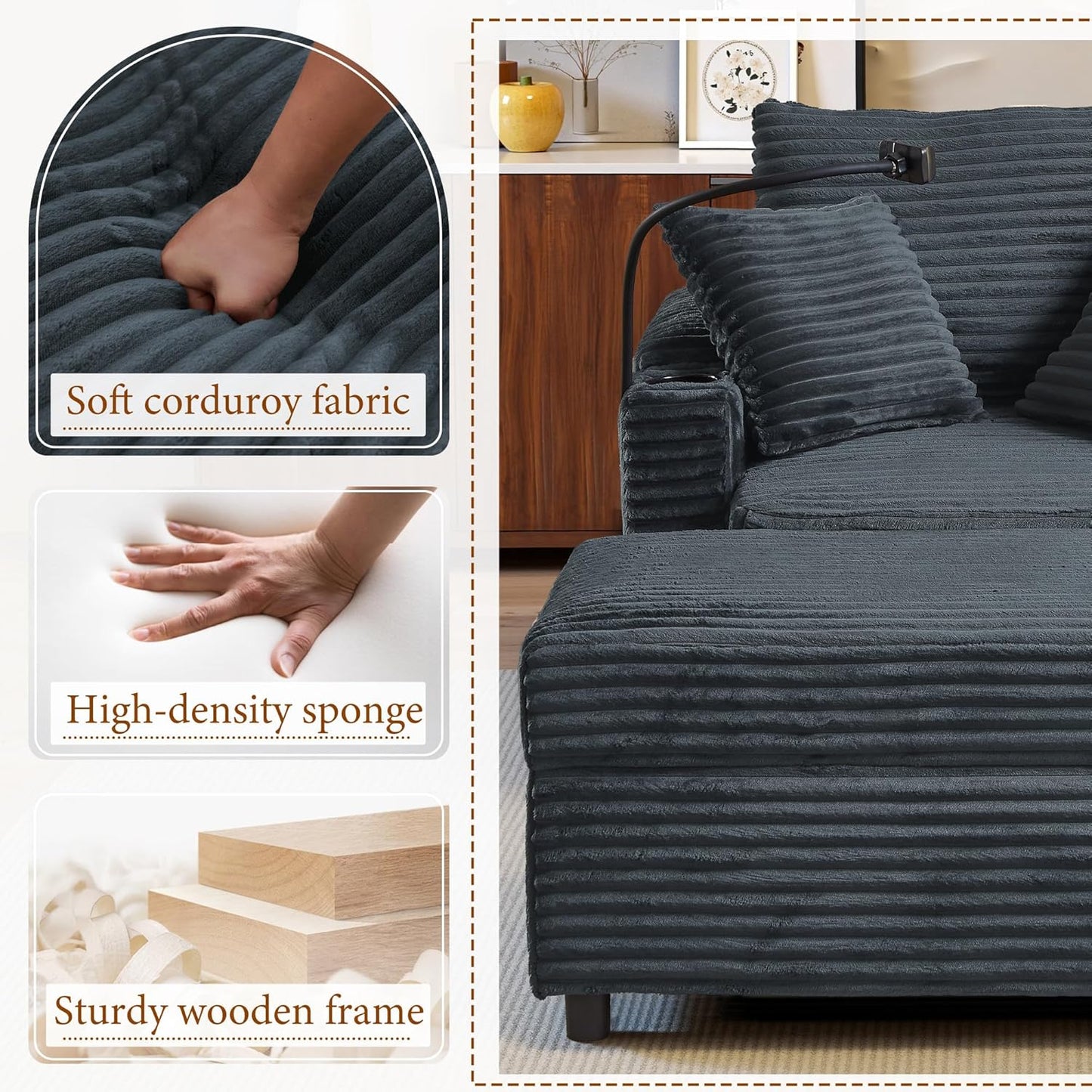 Accent Chair with Storage Ottoman Upholstered Living Room Chairs for Reading Chair with Chaise Lounge Chairs Indoor, Comfortable Armchair for Bedroom