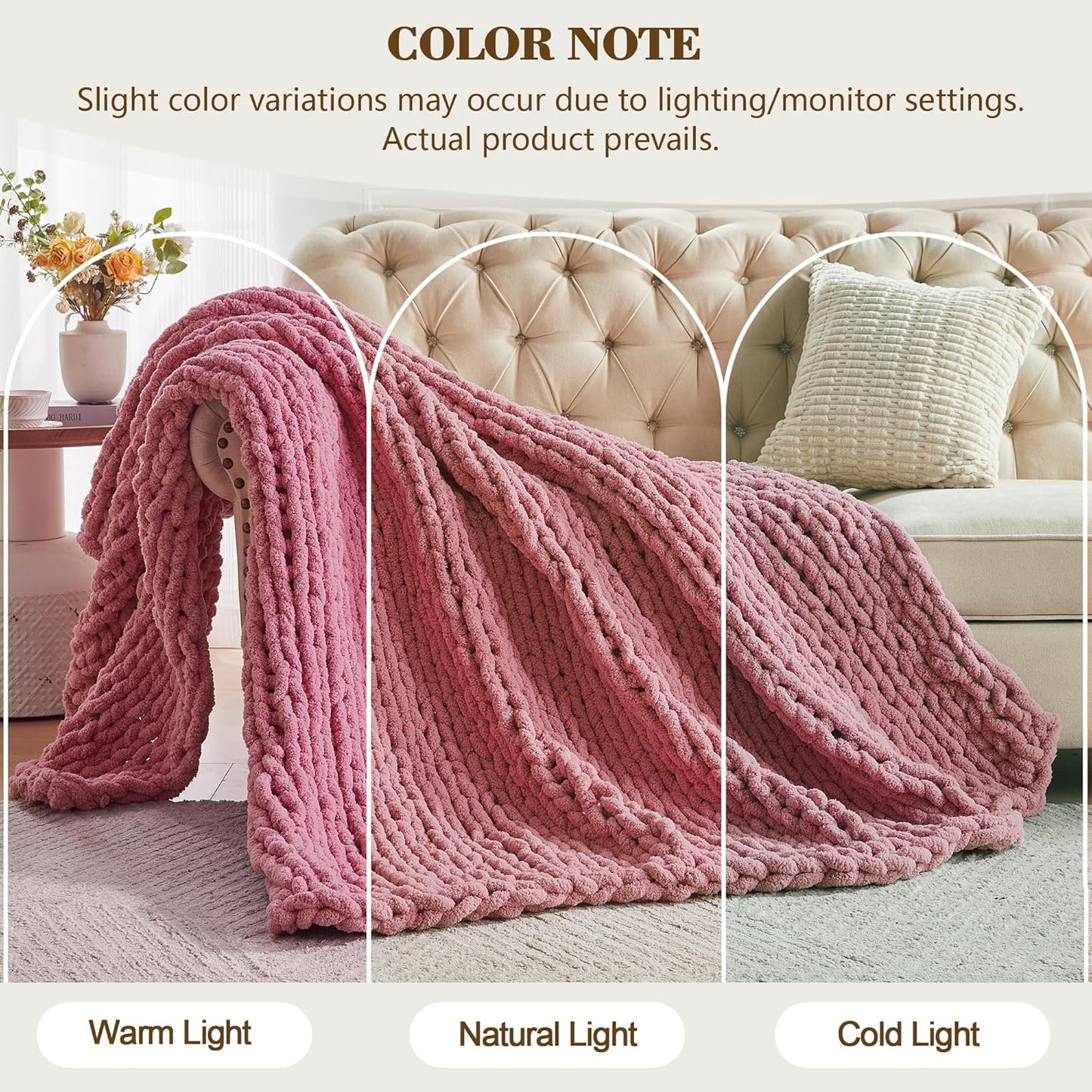 Carriediosa Chunky Knit Throw Blanket 50" X 60", 100% Hand Made Large Chenille Loop Yarn Soft Fluffy Throws for Couch Sofa Bed, Big Crochet Cozy Heavy Thick Cable Woven Blanket, Mauve