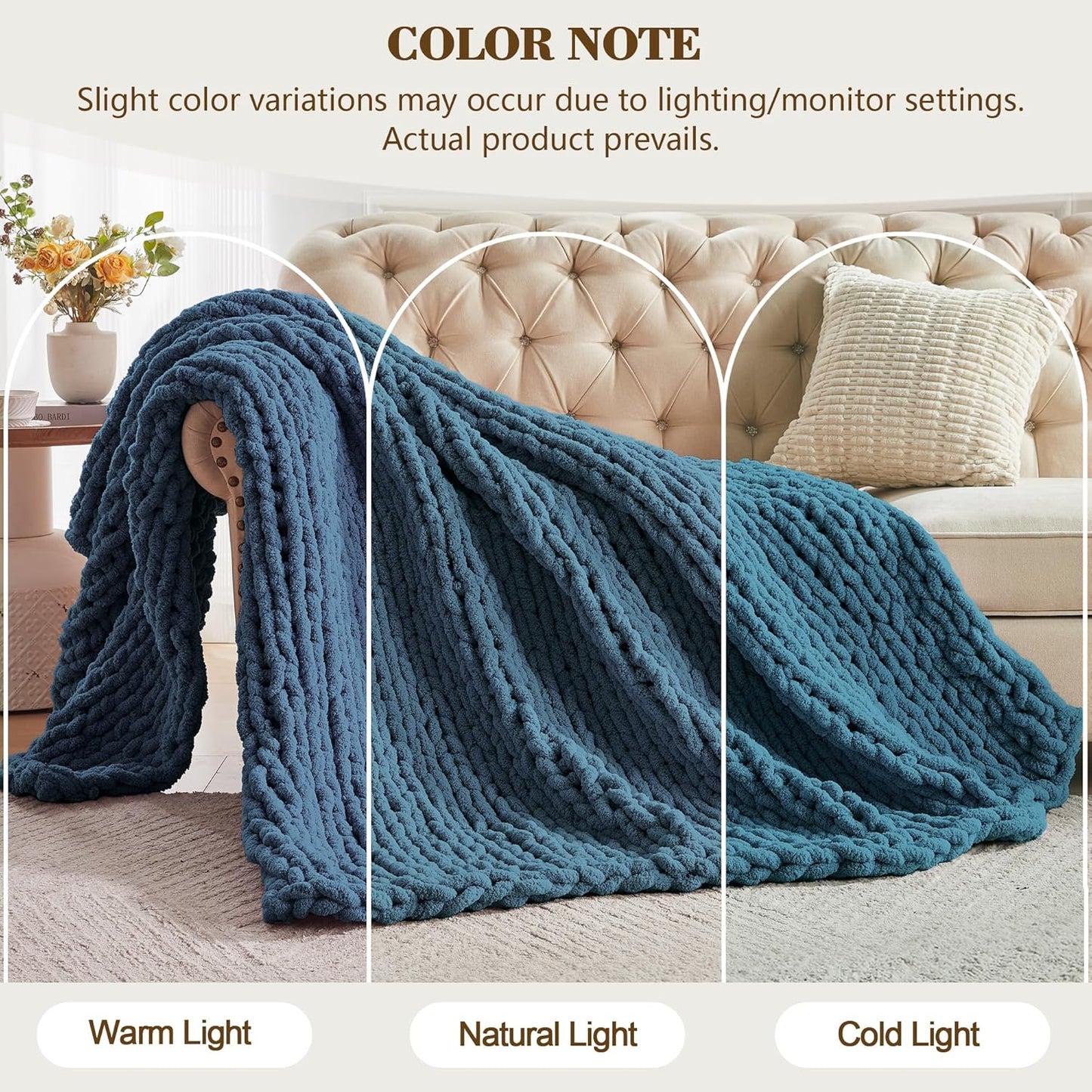 Carriediosa Chunky Knit Throw Blanket 50" X 60", 100% Hand Made Large Chenille Loop Yarn Soft Fluffy Throws for Couch Sofa Bed, Big Crochet Cozy Heavy Thick Cable Woven Blankets, Lyons Blue