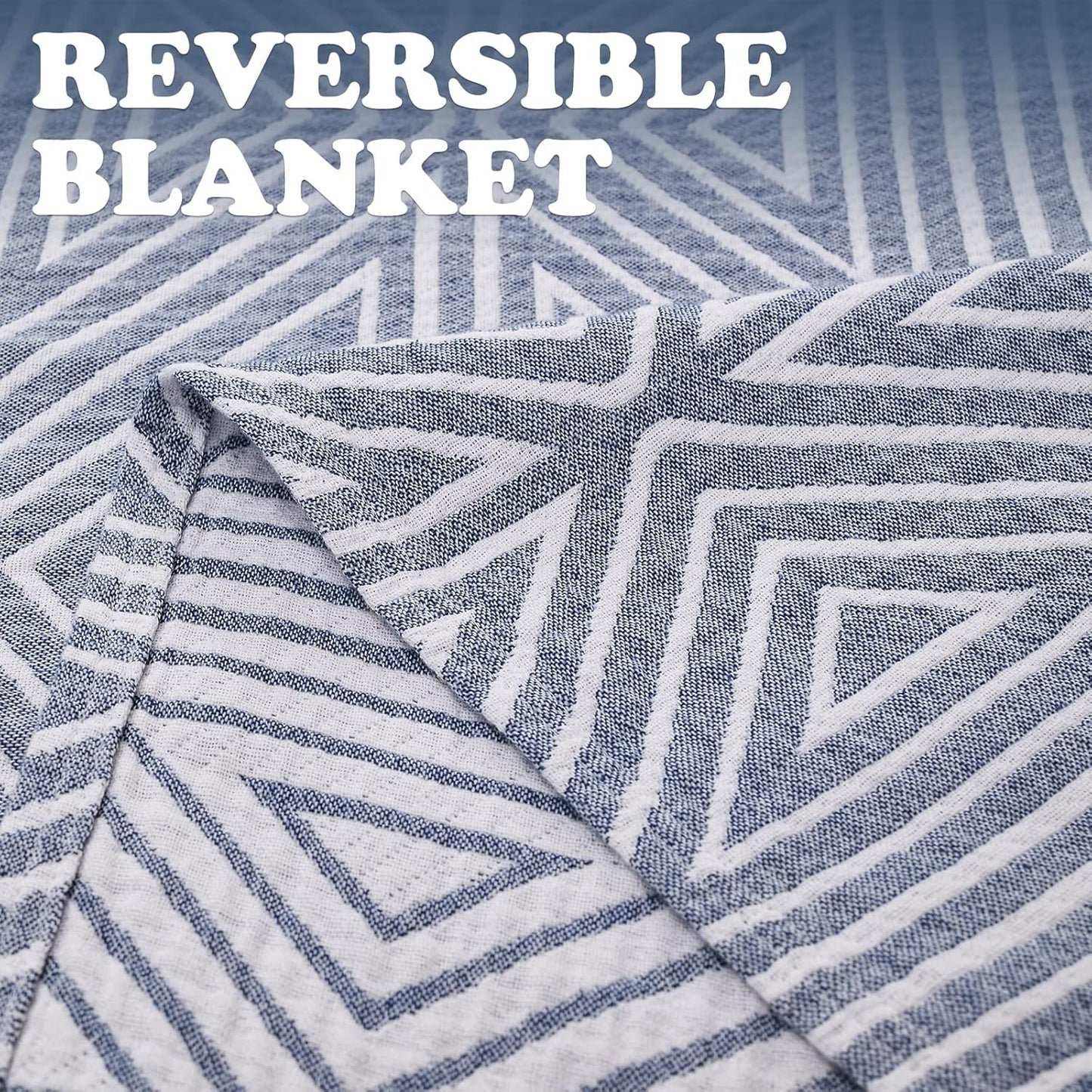 jinchan Boho 100% Cotton Blanket Muslin 50x60 Inches Lightweight 3-Layer Geometric Triangle Striped Pattern Reversible Quilt Throw Soft Breathable Comfy All Seasons for Couch Bed Decor, Blue