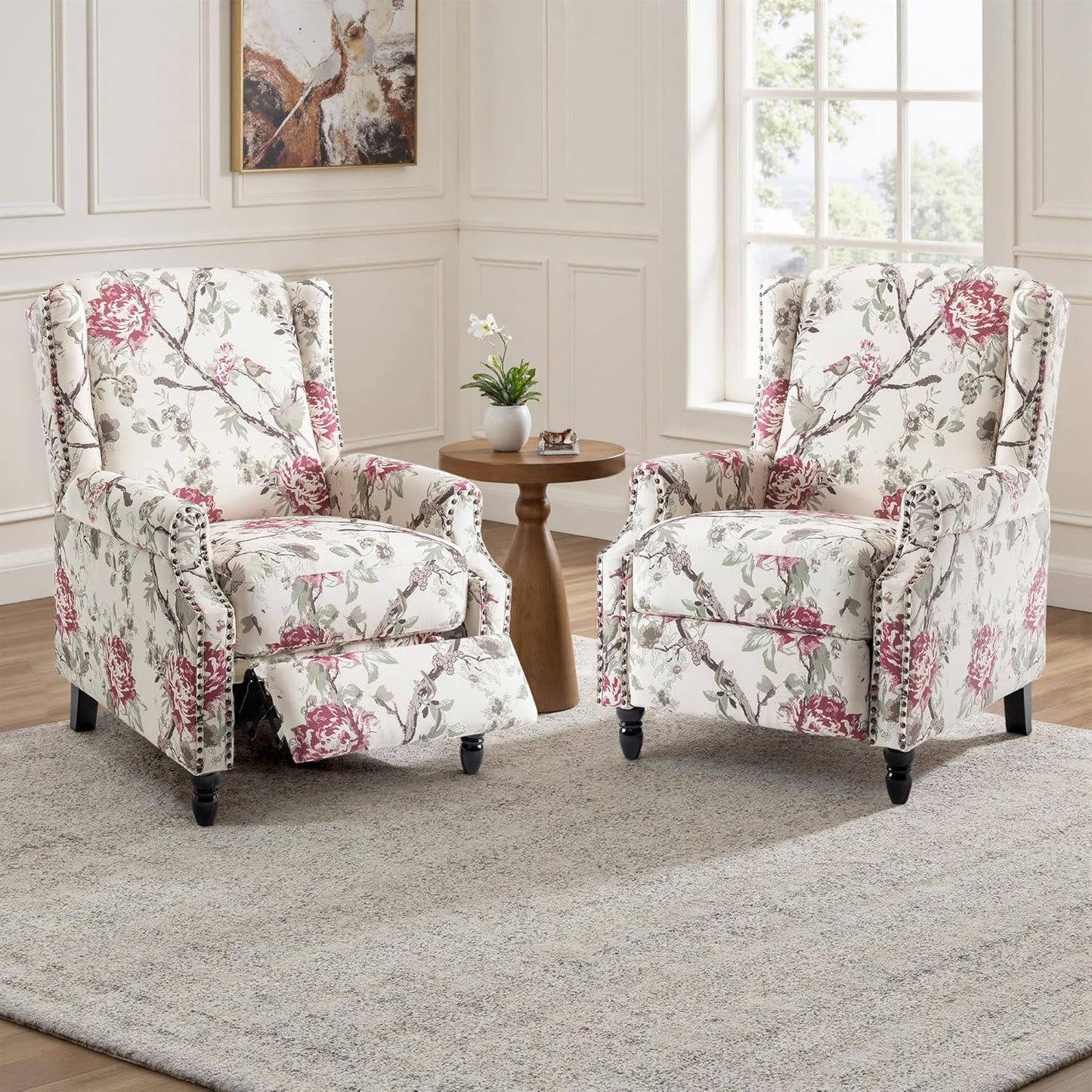 UIXE Recliner Chairs Set of 2, Fabric Armchair Upholstered Pushback Accent Chair for Living Room, Rivet Trim Club Chair Home Theater Single Sofa Bedroom Side Reading Seat - Beige Floral
