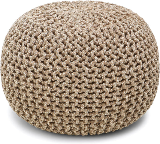 REDEARTH Round Pouf Ottoman - Hand Knitted Cable Boho Poof Home Décor Pouffe Circular Footrest for Living Room - Nursery - Bedroom - Lounge 100% Cotton (19.5"x19.5"x14") - Beige Ivory