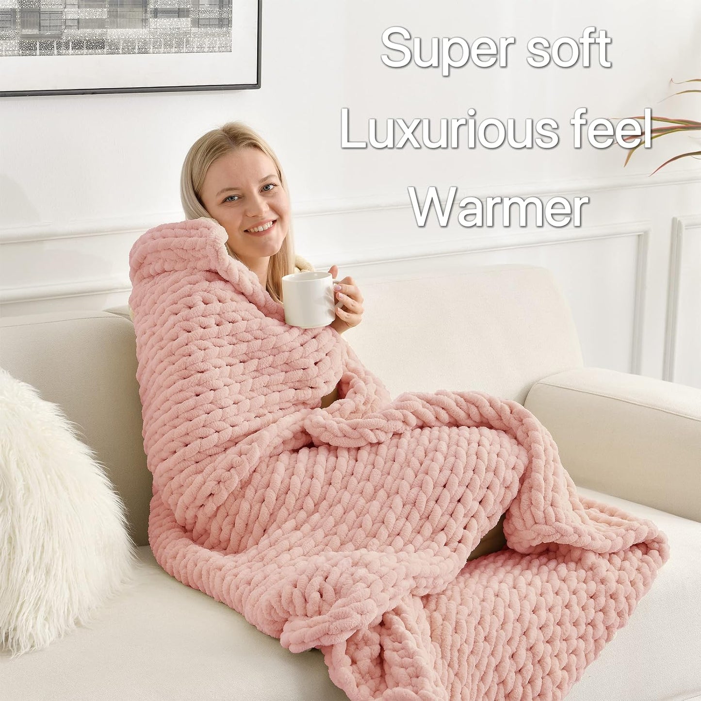 Maetoow Tighter Version Chenille Chunky Knit Blanket Throw 50×60 Inch, Handmade Warm & Cozy Blanket Couch, Bed, Home Decor, Soft Fleece Banket, Boho Thick Blankets and Giant Yarn Throws, Rose Pink