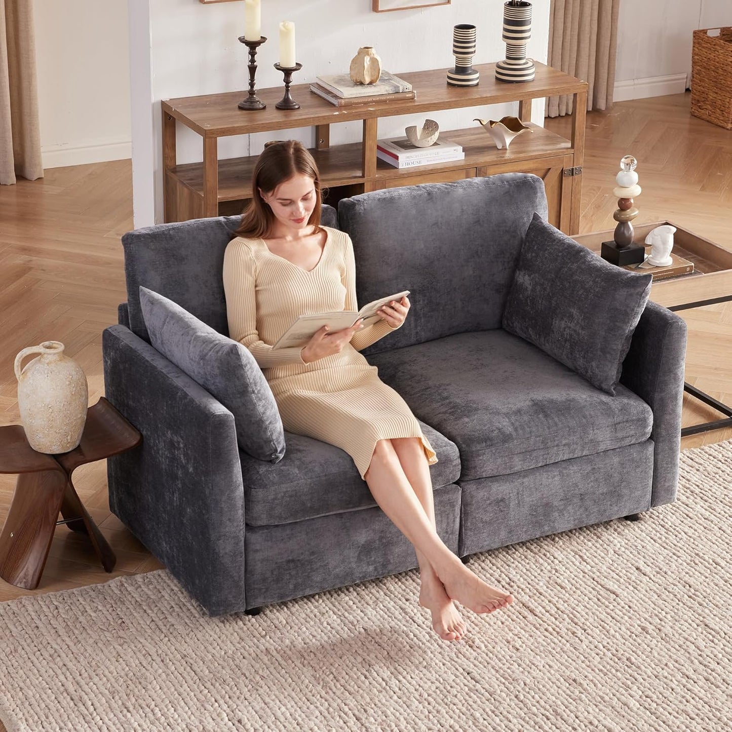 Tbfit 59" Loveseat Sofa, Chenille Small Sofa Couch, Love Seat with 2 Pillows for Small Space, Bedroom & Living Room, Grey