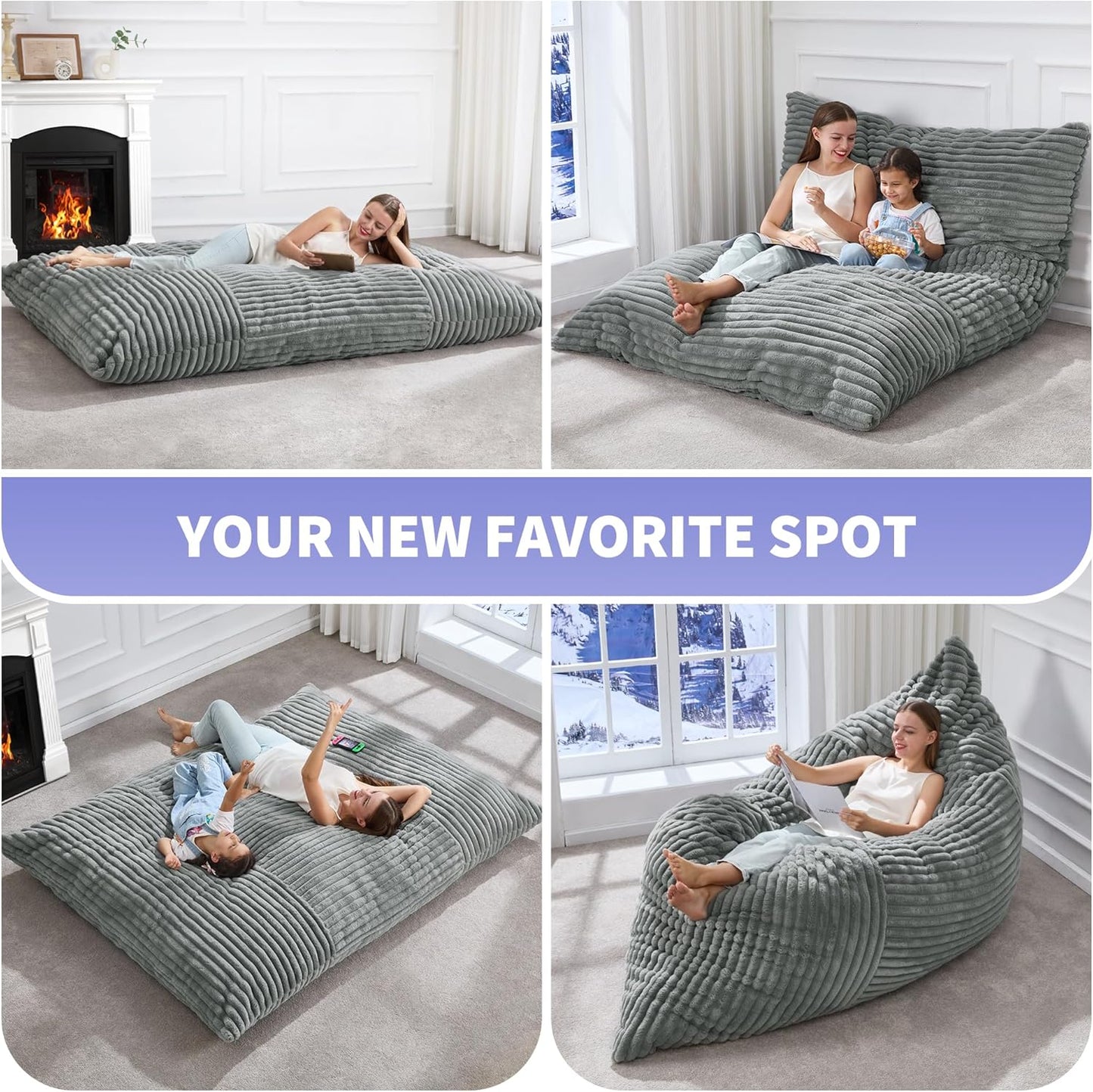 Hobestluk 3 in 1 Bean Bag Chair Giant Bean Bag Chairs Convertible Bean Bag Floor Cushion with Machine Washable Cover, Beanbag Chairs for Adult (Turquoise Grey)