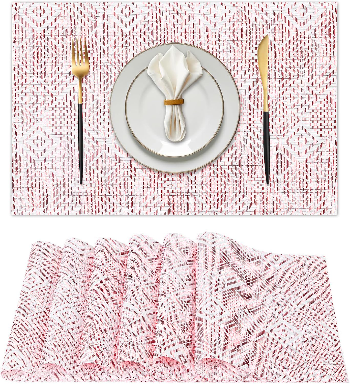 Vinyl Plastic Placemats Set of 6 Washable Heat Resistant Non-Slip Elegant Indoor Outdoor Kitchen Dining PVC Woven Table Place Mats (Red Pink Squares)