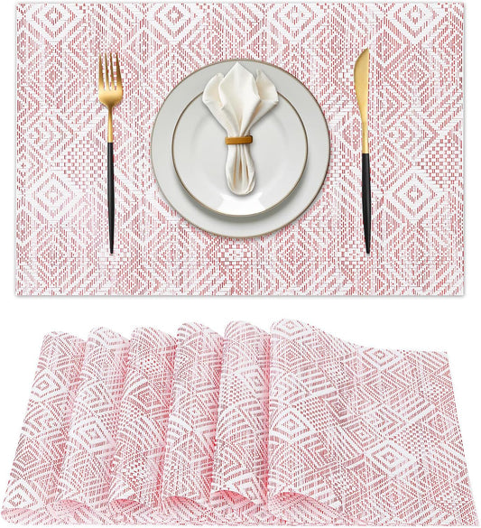 Vinyl Plastic Placemats Set of 6 Washable Heat Resistant Non-Slip Elegant Indoor Outdoor Kitchen Dining PVC Woven Table Place Mats (Red Pink Squares)