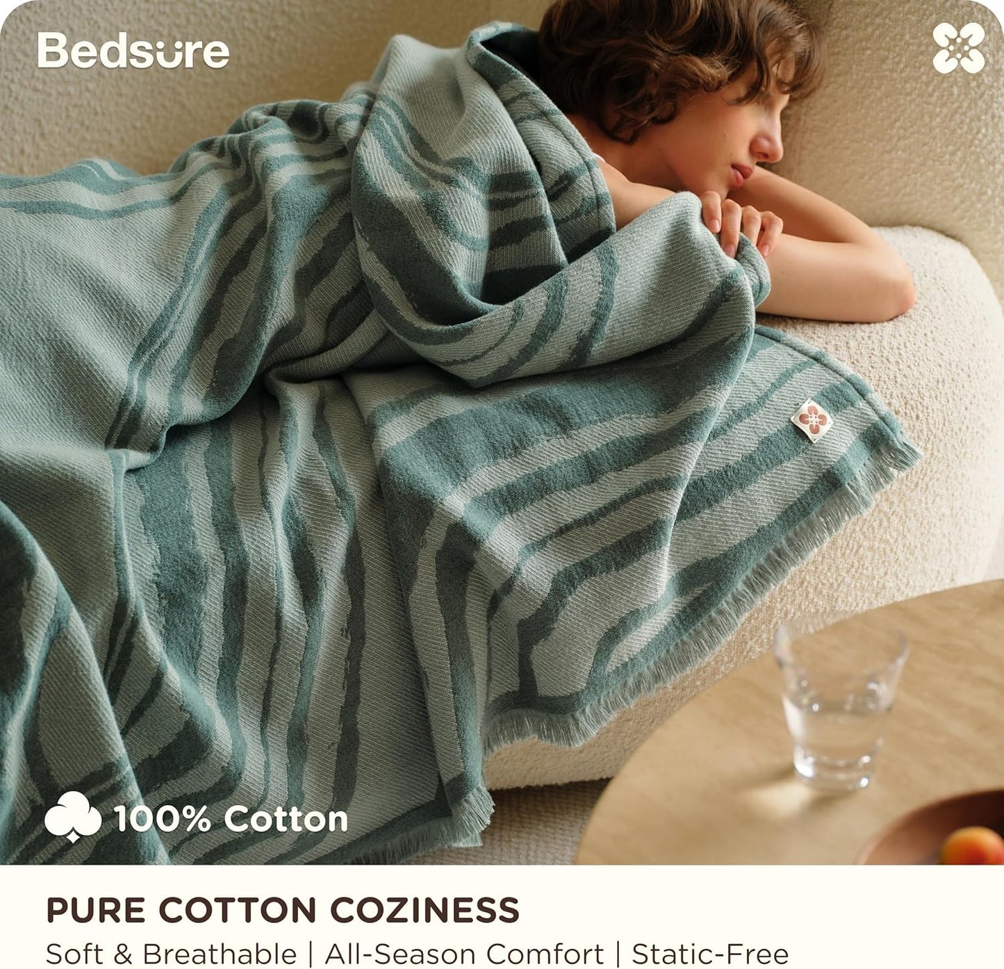 Bedsure 100% Cotton Throw Blanket for Couch - Chenille Woven Textured Blanket Gifts for Women, Cozy and Soft for All Seasons, Home Decor Boho Throw for Bed, Sofa, Aqua Gray, 50x60 Inches