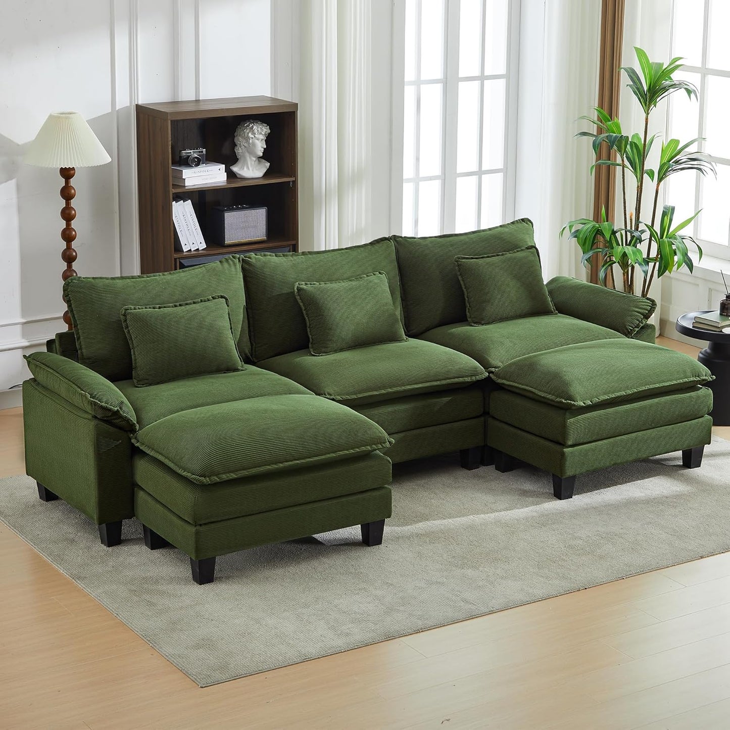URRED Modular Sectional Sofa Comfy Cloud Couch, Modern Corduroy Sofa Sleeper Deep Seat Couches with Ottoman/Pillows for Living Room (Green, 117'' - U Shape)