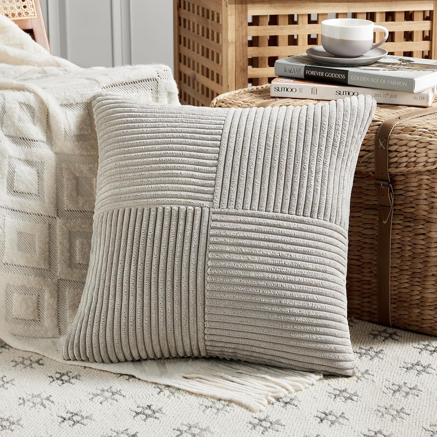 Fancy Homi 2 Packs Neutral Grey Decorative Throw Pillow Covers 20x20 Inch for Living Room Couch Bed Sofa, Farmhouse Boho Home Decor, Soft Corss Corduroy Patchwork Accent Square Cushion Case 50x50 cm